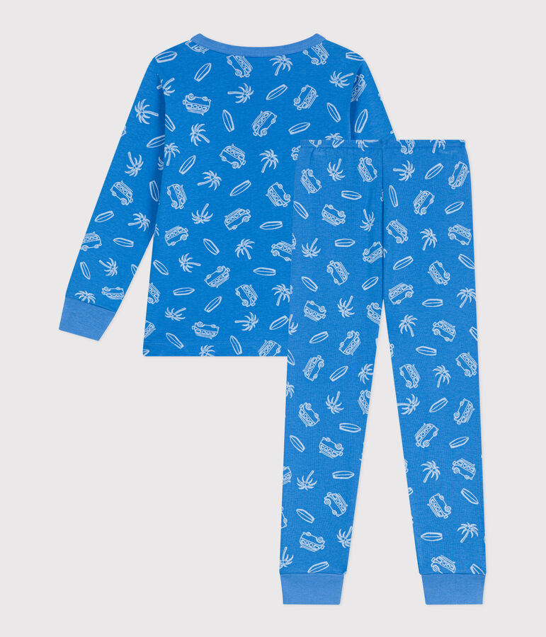 Pijama infantil de manga larga de algod&oacute;n con estampado de furgonetas azul/blanco