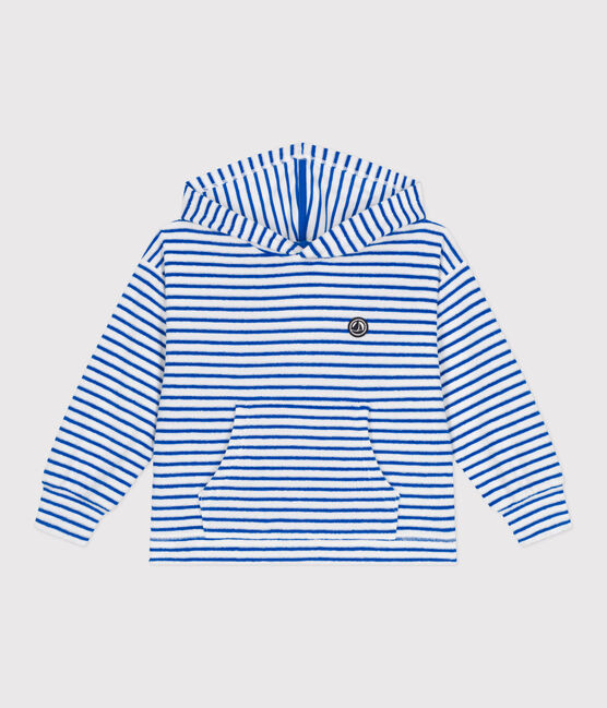 Sudadera infantil unisex de rizo de algodón a rayas con capucha azul MARSHMALLOW/ PORCELANA