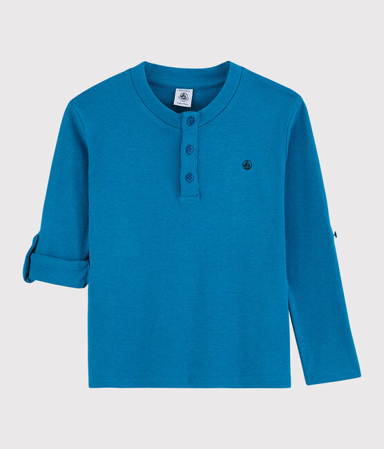 Camiseta de algodón y lino de niño azul MYKONOS