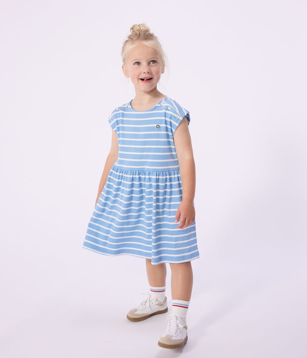 Vestido infantil sin mangas de algod&oacute;n a rayas azul/blanco