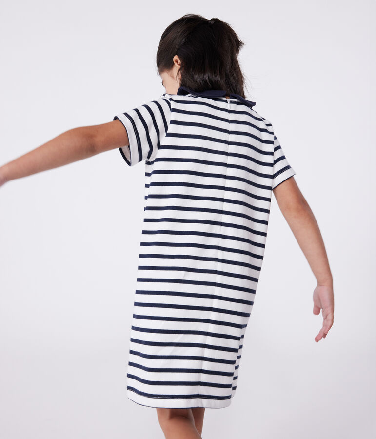 Vestido infantil de algod&oacute;n de manga corta blanco/azul