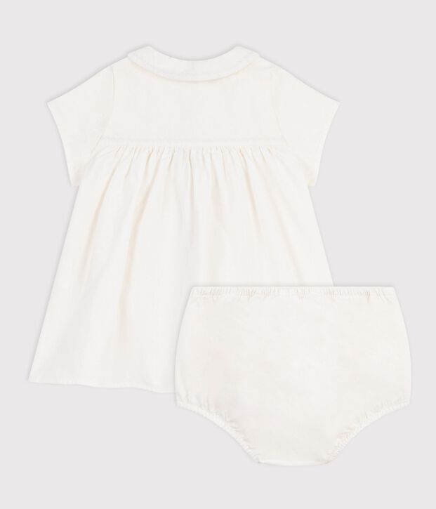 Vestido de algod&oacute;n/lino con pololo y detalle bordado para beb&eacute; blanco