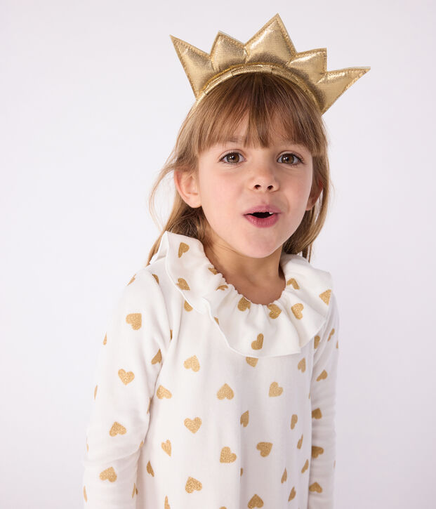 Camis&oacute;n disfraz infantil de terciopelo con estampado de corazones dorados crudo/amarillo