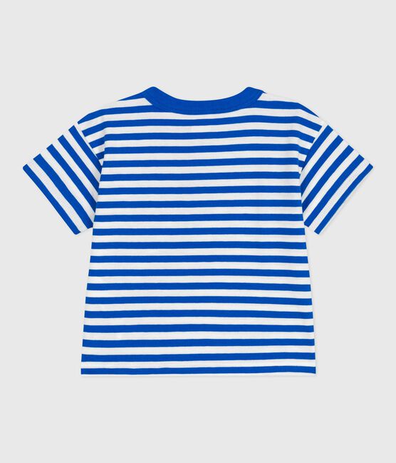 Camiseta de manga corta de algodón a rayas para bebé azul PORCELANA/ MARSHMALLOW