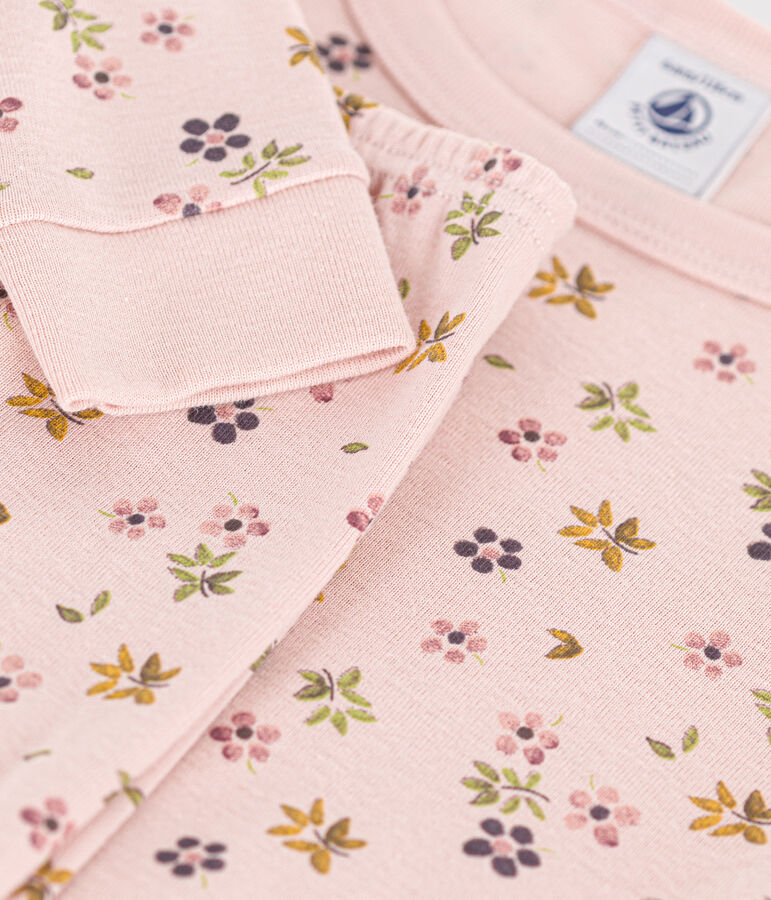 Pijama infantil ajustado de algod&oacute;n con estampado de flores rosa/blanco