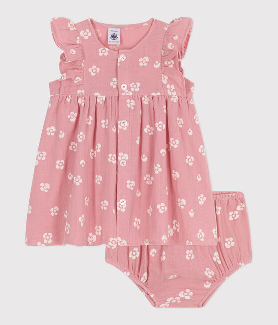 Vestido de gasa de algodón y pololo con estampado de flores para bebé rosa CHARME/blanco MARSHMALLOW