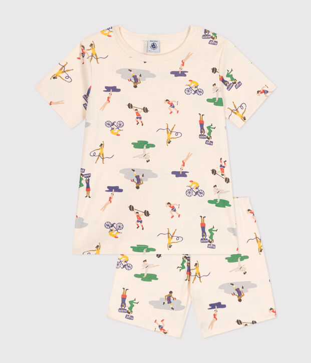 Pijama infantil corto de algod&oacute;n con estampado de deportes crudo/multicolor
