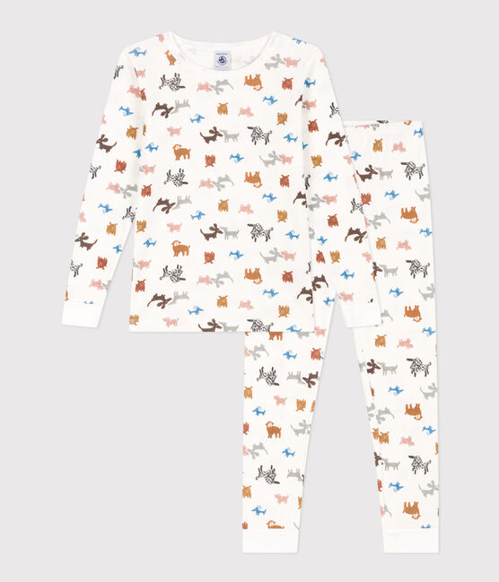 Pijama de algodón ajustado para niño/niña blanco MARSHMALLOW/blanco MULTICO