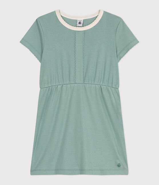 Vestido infantil liso de algodón de manga corta verde PAUL