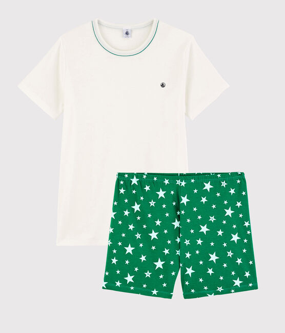 Pijama corto blanco con estrellas de canalé unisex blanco MARSHMALLOW/verde GAZON