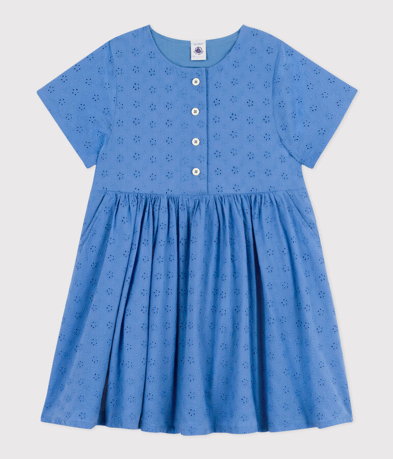 Vestido de manga corta de bordado ingl&eacute;s para ni&ntilde;a azul