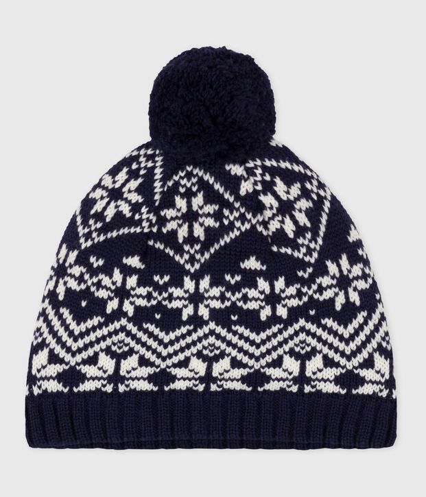 Gorro infantil jacquard de lana azul/blanco