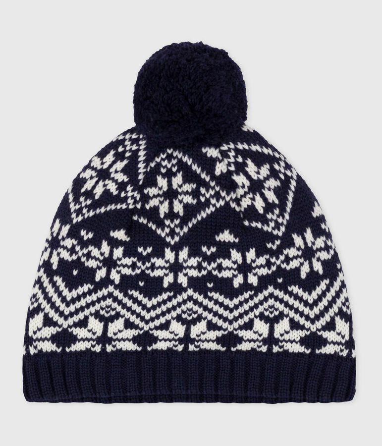 Gorro infantil jacquard de lana azul/blanco