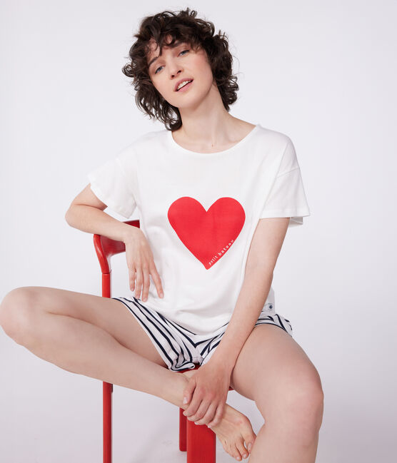 Pijama corto de algodón con estampado de corazones para mujer blanco MARSHMALLOW/azul SMOKING