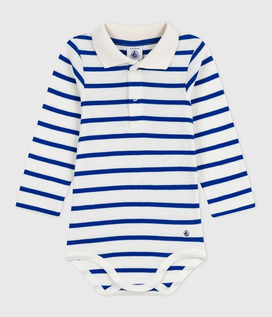 Body de algodón con cuello de polo a rayas para bebé azul MILK/ OLYMPIC