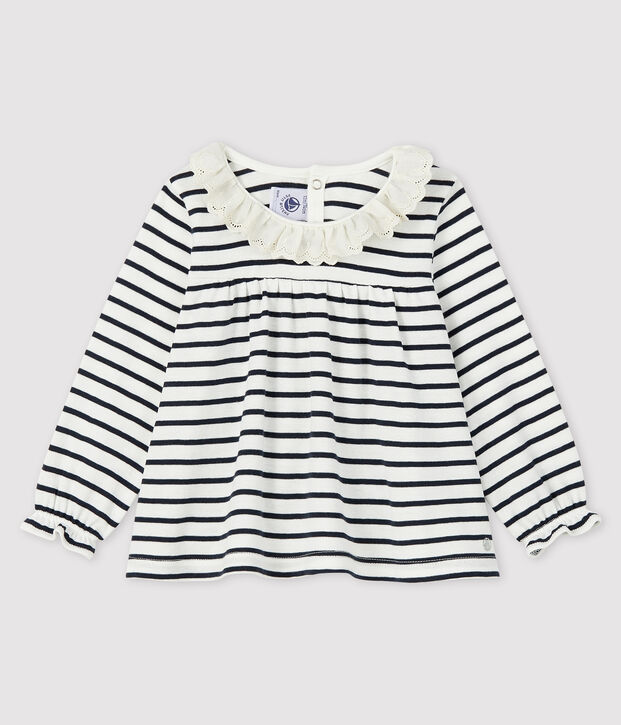 Blusa de manga larga para beb&eacute; ni&ntilde;a blanco/azul