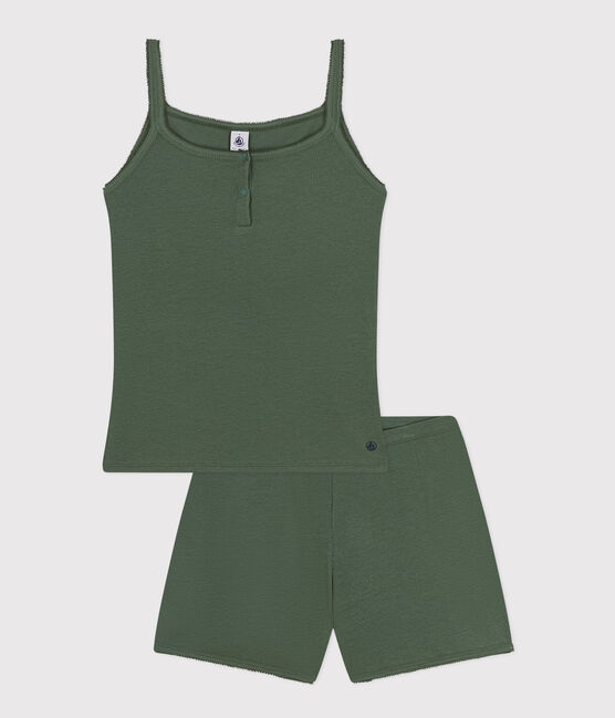 Pijama corto y top liso de algodón y lyocell de mujer verde CROCO