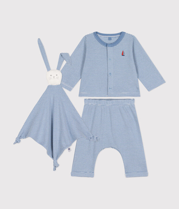Estuche con conjunto de 3 piezas de algod&oacute;n para beb&eacute; azul/blanco