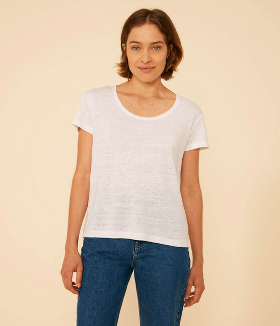Camiseta LA RECTA de algodón con cuello redondo para mujer blanco ECUME