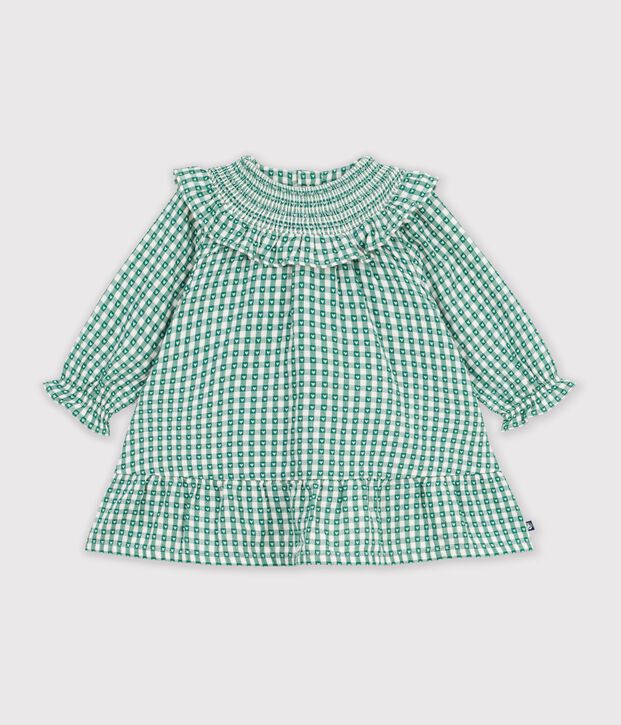 Vestido vichy de manga larga de algod&oacute;n para beb&eacute; verde/blanco