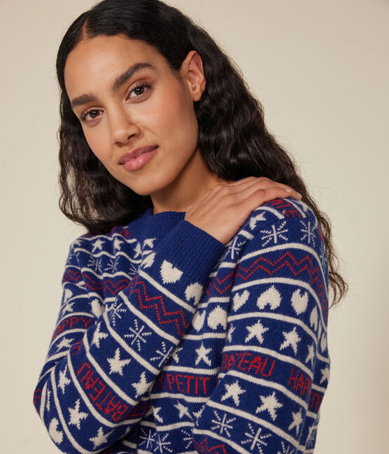 Jersey jacquard de lana y algodón para mujer azul MEDIEVAL/blanco MULTICO