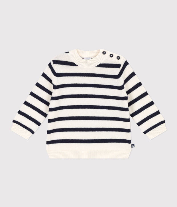 Jersey de lana y algod&oacute;n con rayas marineras para beb&eacute; blanco/azul