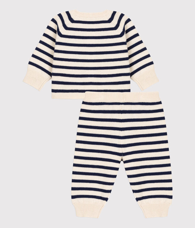 Conjunto de 2 prendas de punto tricotado de lana y algod&oacute;n a rayas marineras para beb&eacute; crudo/azul