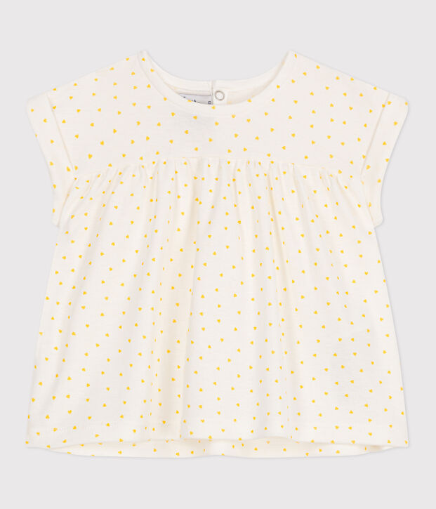 Blusa de algod&oacute;n de manga corta con estampado de minicoraz&oacute;n para beb&eacute; blanco/amarillo