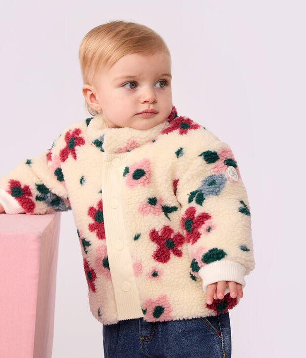 Abrigo enguatado de borreguito con estampado de flores para beb&eacute; crudo/multicolor