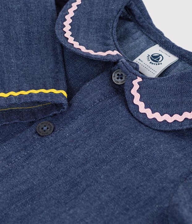 Blusa lisa de manga larga de tejido denim para beb&eacute; azul