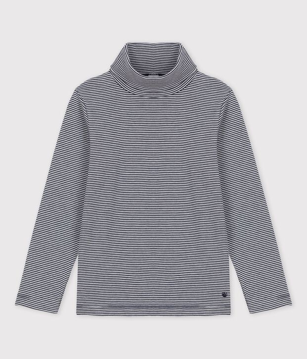 Camiseta de cuello alto de algod&oacute;n para ni&ntilde;o/ni&ntilde;a azul/blanco