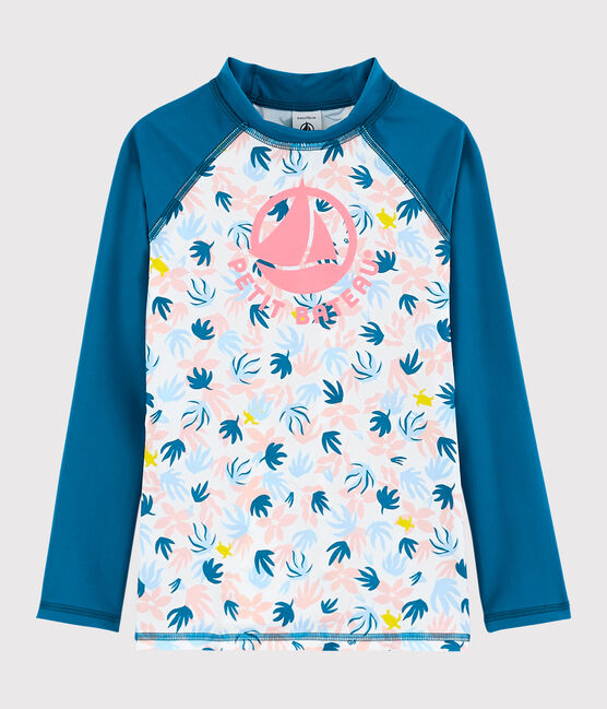 Camiseta anti-uv reciclada de niña azul MYKONOS/crudo MULTICO