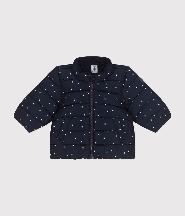 Plum&iacute;fero estampado con capucha plegable para beb&eacute; azul/blanco