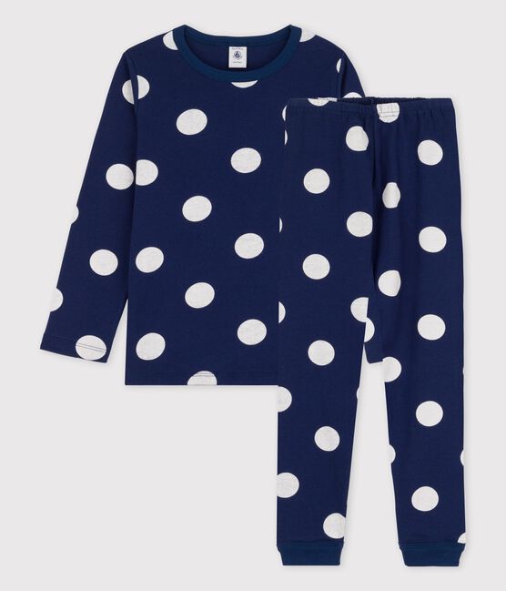 Pijama de lunares de algodón orgánico infantil unisex azul MEDIEVAL/blanco MARSHMALLOW