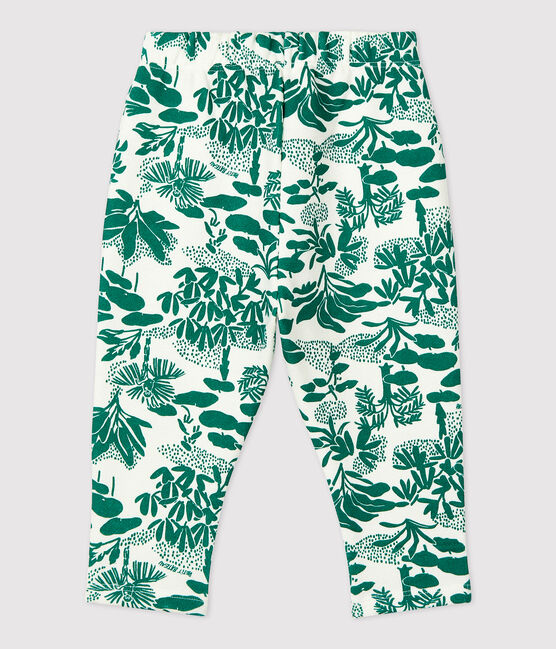 Pantalón con estampado vegetal de muletón de bebé blanco MARSHMALLOW/verde GAZON