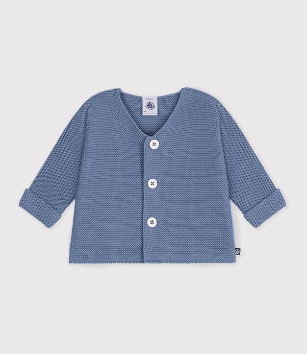 C&aacute;rdigan de beb&eacute; tejido en punto bobo en algod&oacute;n liso. azul
