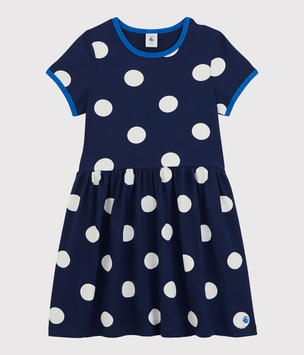 Vestido de manga corta de algod&oacute;n de ni&ntilde;a azul/blanco