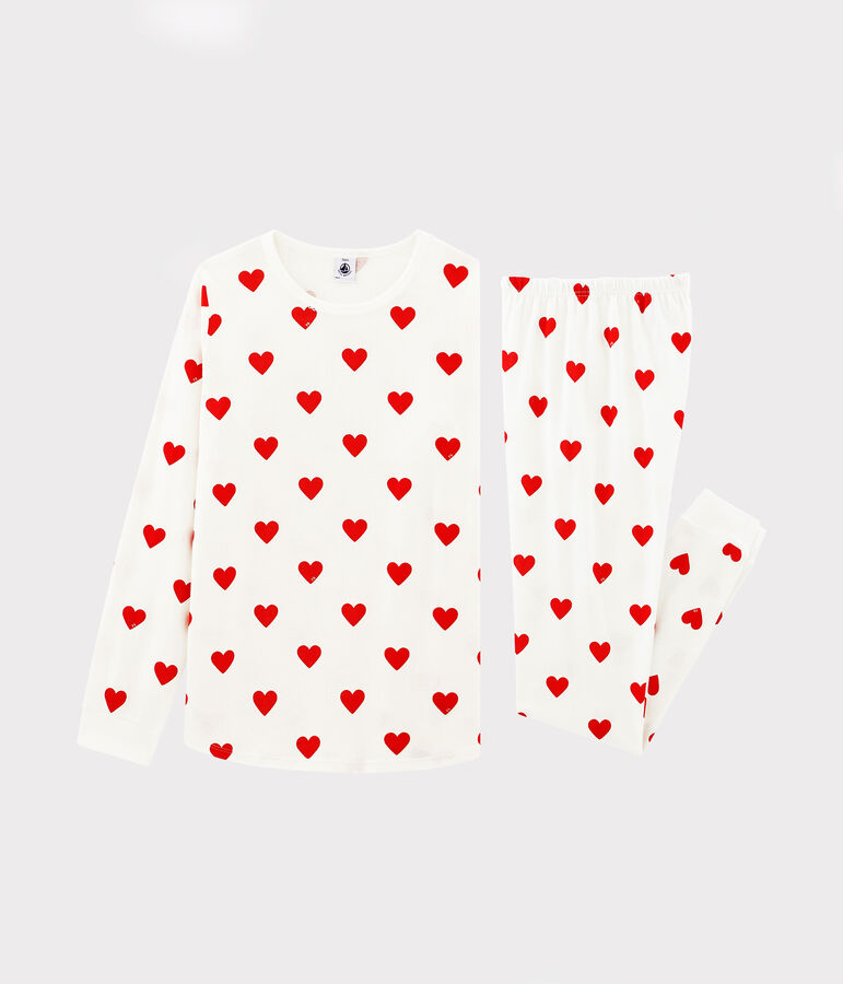 Pijama de ni&ntilde;a-mujer con corazones de punto blanco/rojo