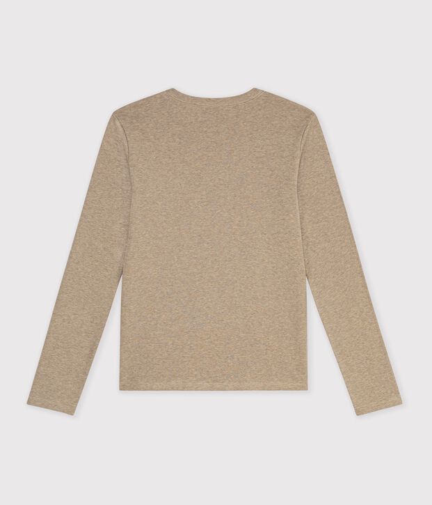 Camiseta lisa de algod&oacute;n de manga larga para mujer beige