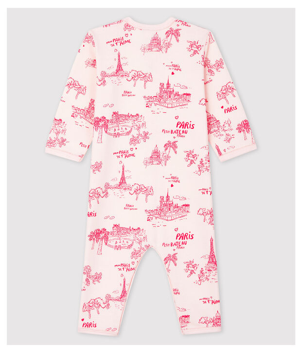 Pijama enterizo sin pies en tela de Jouy rosa de beb&eacute; ni&ntilde;a de algod&oacute;n rosa/rosa