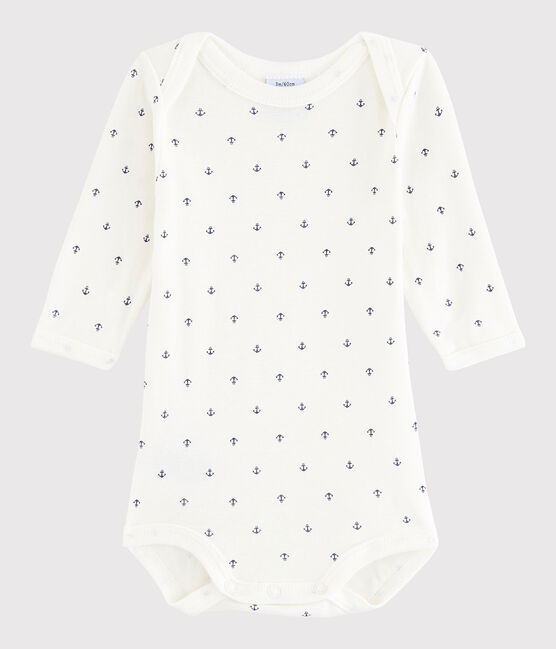 Bodi de manga larga de bebé niño blanco LAIT/azul MEDIEVAL