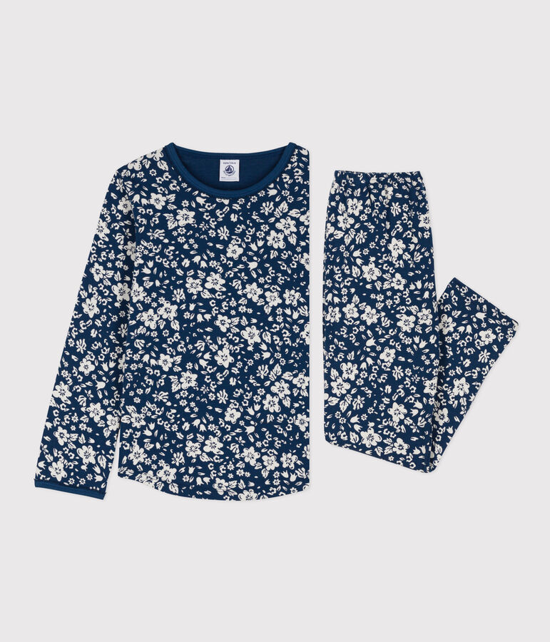 Pijama de algod&oacute;n con flor para ni&ntilde;a azul/blanco