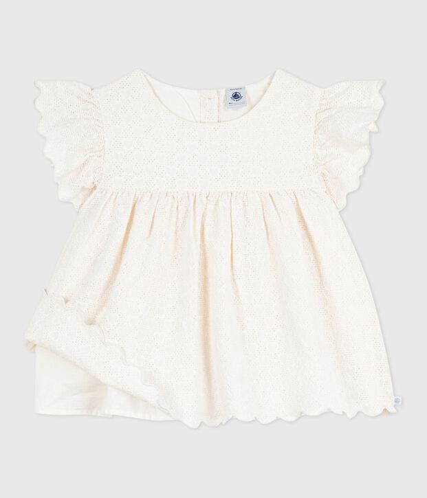 Blusa infantil de manga corta de algod&oacute;n con estampado de corazones blanco