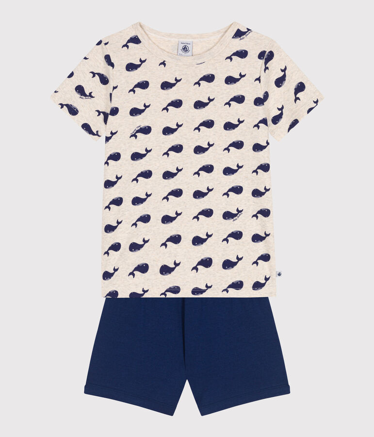 Pijama corto infantil de algod&oacute;n con estampado de ballenas azul MEDIEVAL/blanco MULTICO