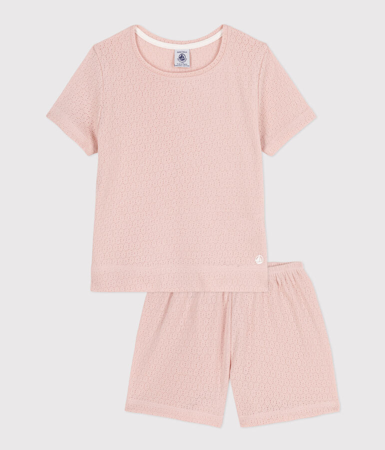 Pijama corto y liso de algod&oacute;n calado para ni&ntilde;a rosa