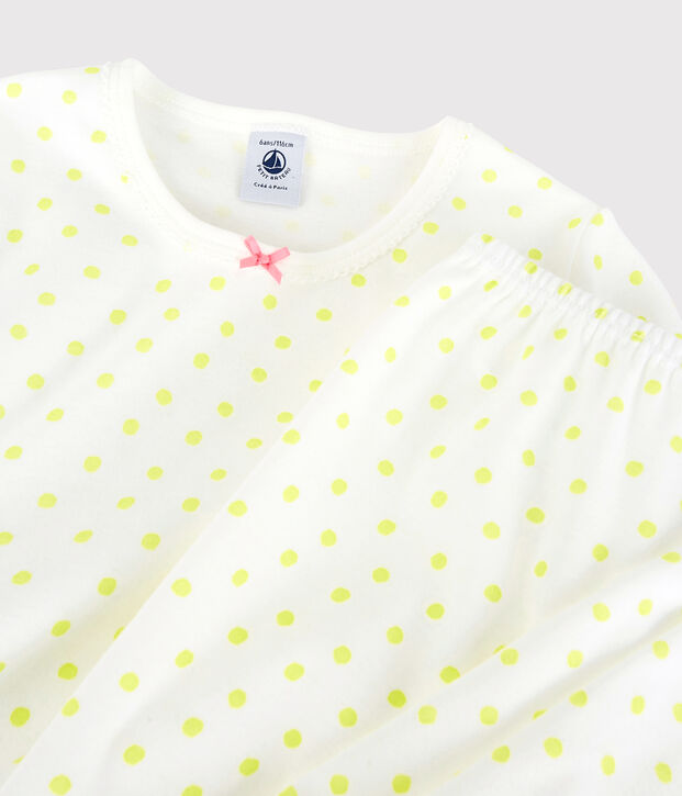 Pijama de lunares amarillos de algod&oacute;n de ni&ntilde;a blanco/amarillo