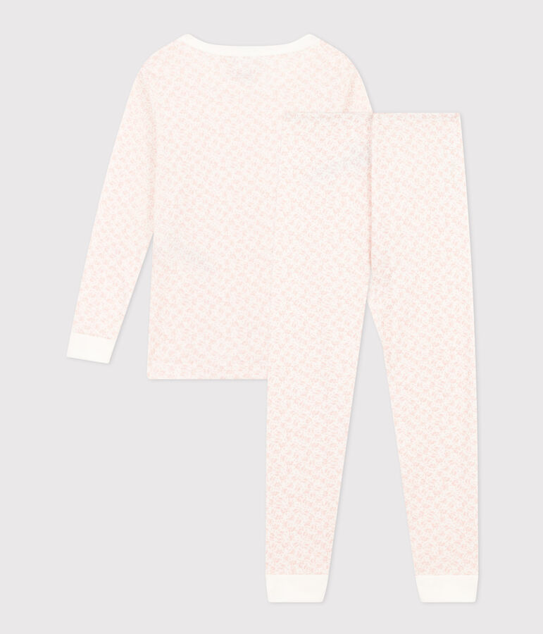 Pijama infantil ajustado de algod&oacute;n con estampado de flores blanco/rosa
