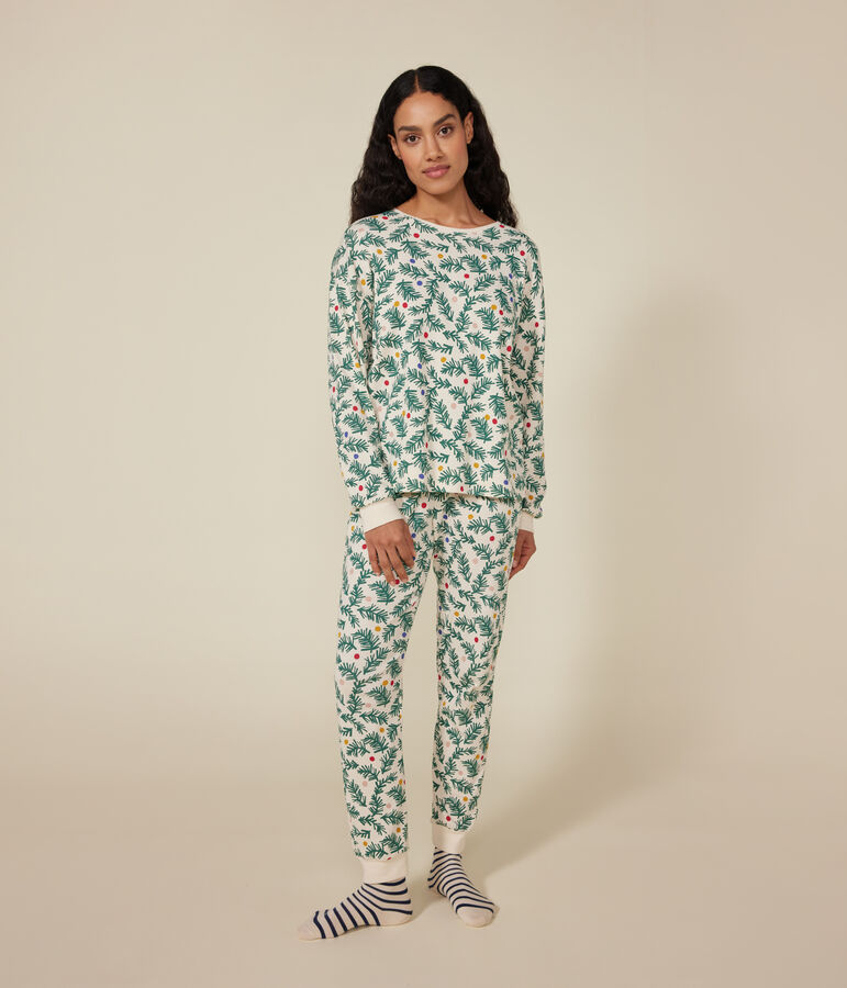 Pijama de algod&oacute;n con estampado de &aacute;rbol de Navidad para mujer crudo/multicolor