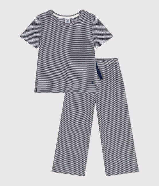 Pijama infantil de manga corta y pernera ancha de algodón a rayas azul SMOKING/blanco MARSHMALLOW