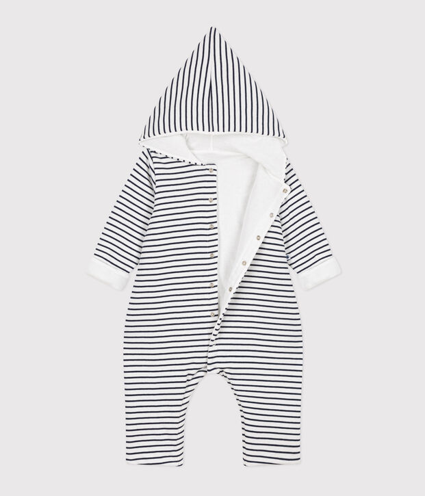 Mono largo acolchado con capucha de algod&oacute;n para beb&eacute; blanco/azul